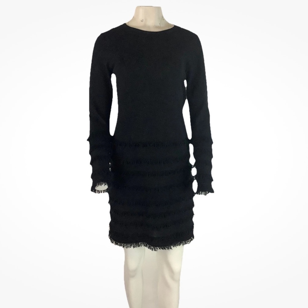 Trina Turk Sz M 100% Merino Wool Sweater Dress Black Fringe Detailed Pullover